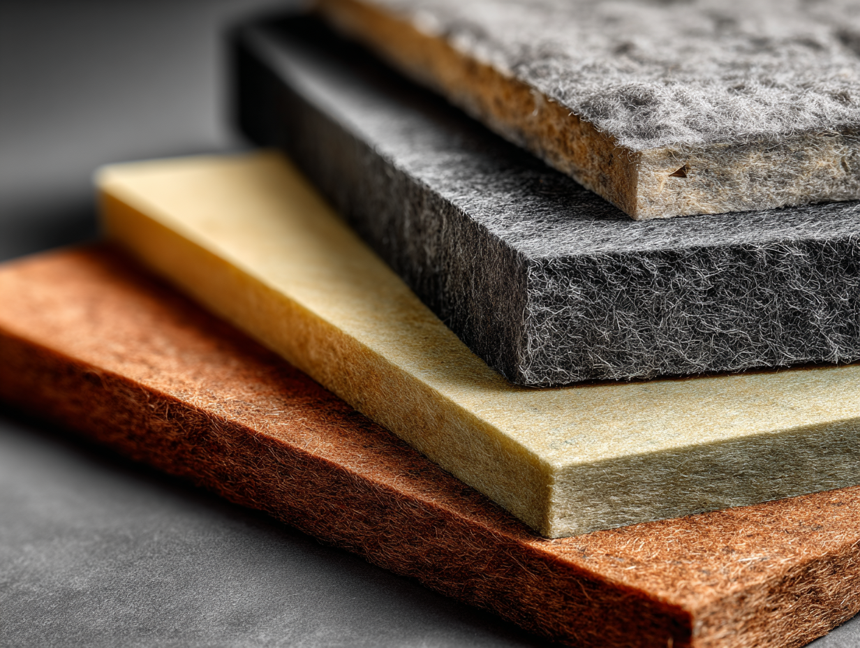 Flat lay of premium soundproofing materials — acoustic panels, insulation layers, mass-loaded barriers